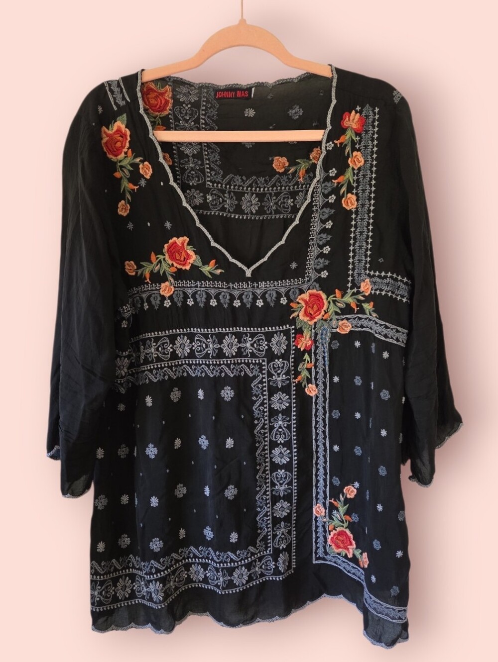 Johnny Was Bennett Floral Embroidered Flowy Blouse Shirt Black Size L